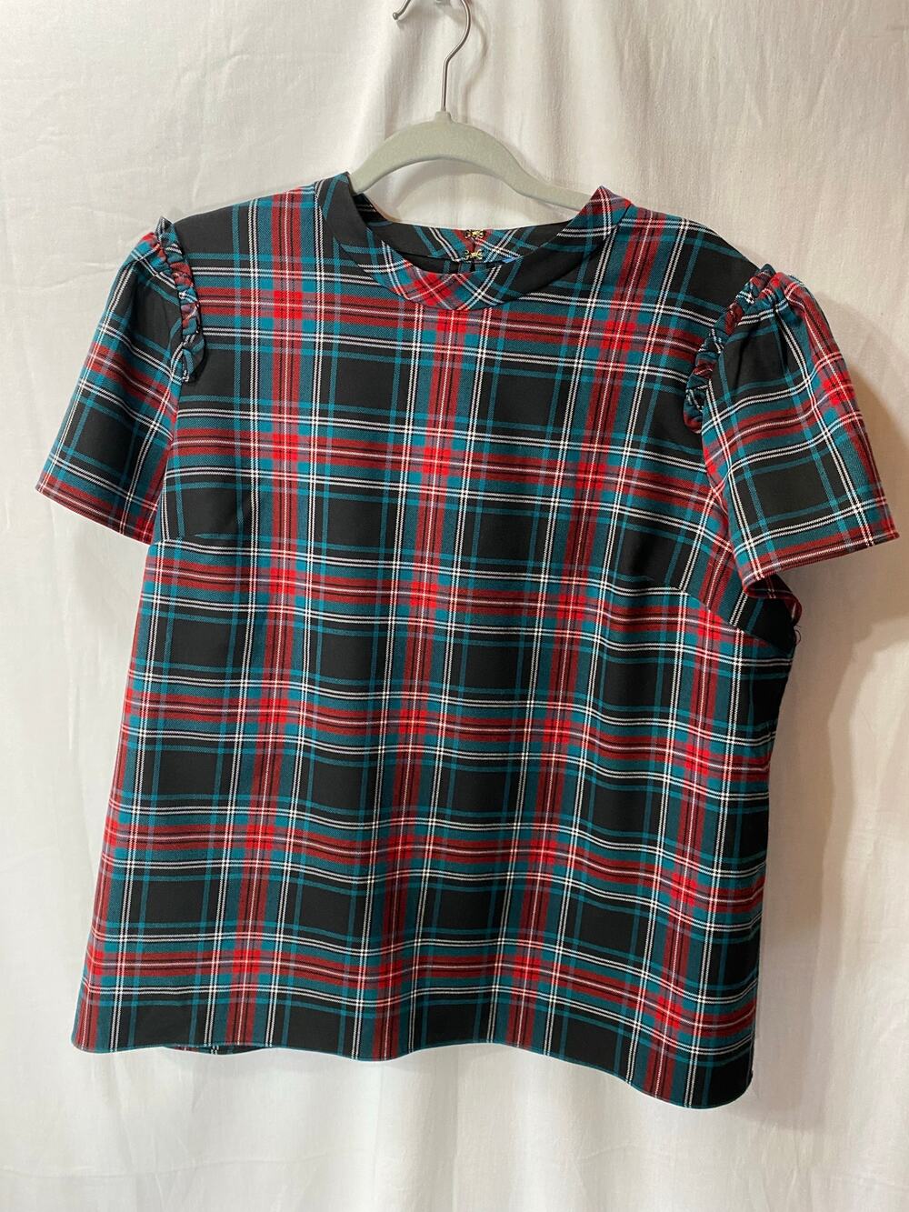 Draper James Angie Check Holiday Plaid Boxy Top Blouse with Bow at Back XL